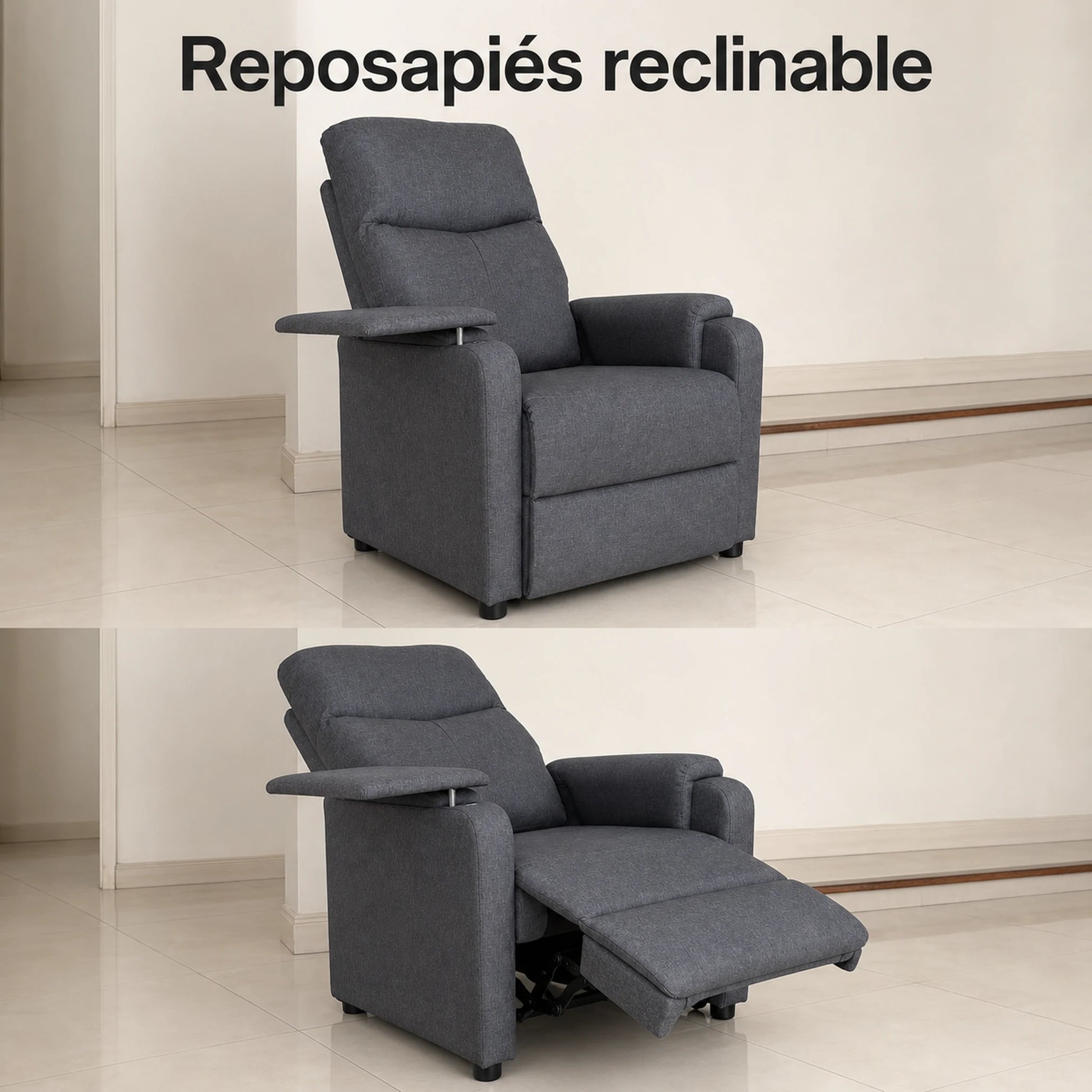 Detalle del reposapiés reclinable del sillón en gris, en posición normal y extendida