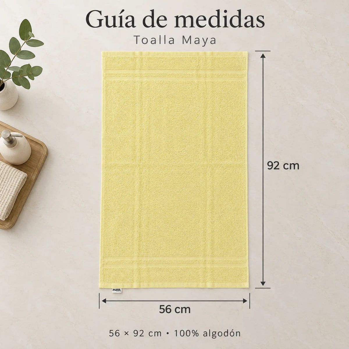Pack de 12 Toallas Maya, variante Surtido Pastel, toalla color amarillo pastel, guía de medidas