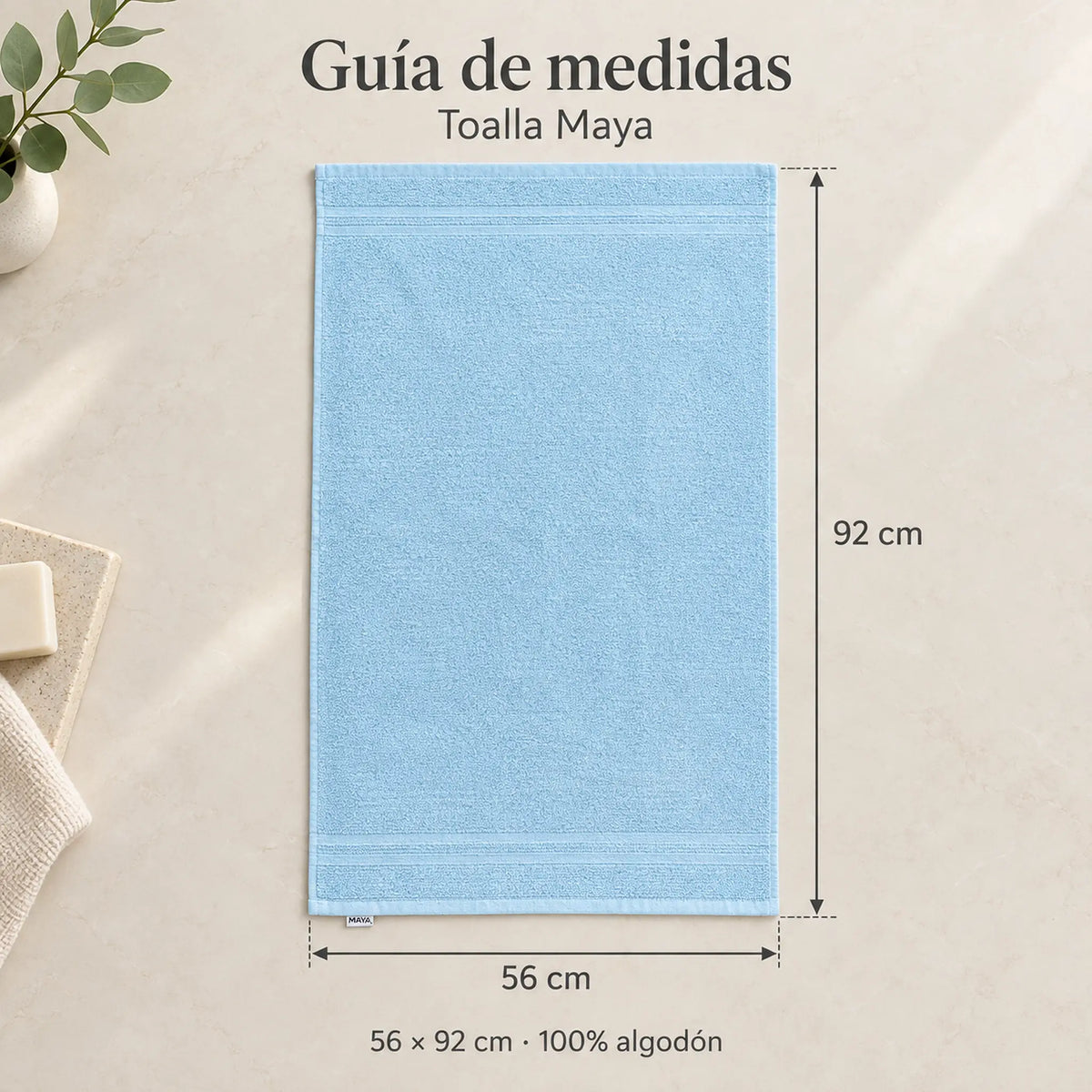 Pack de 12 Toallas Maya, variante Surtido Pastel, toalla color celeste, guía de medidas