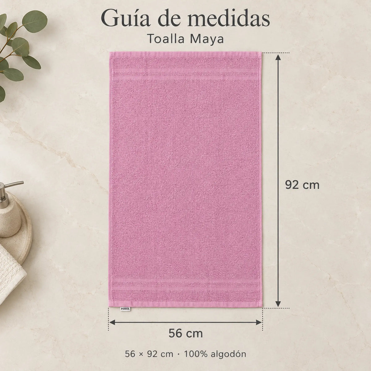 Pack de 12 Toallas Maya, variante Surtido Pastel, toalla color rosa, guía de medidas