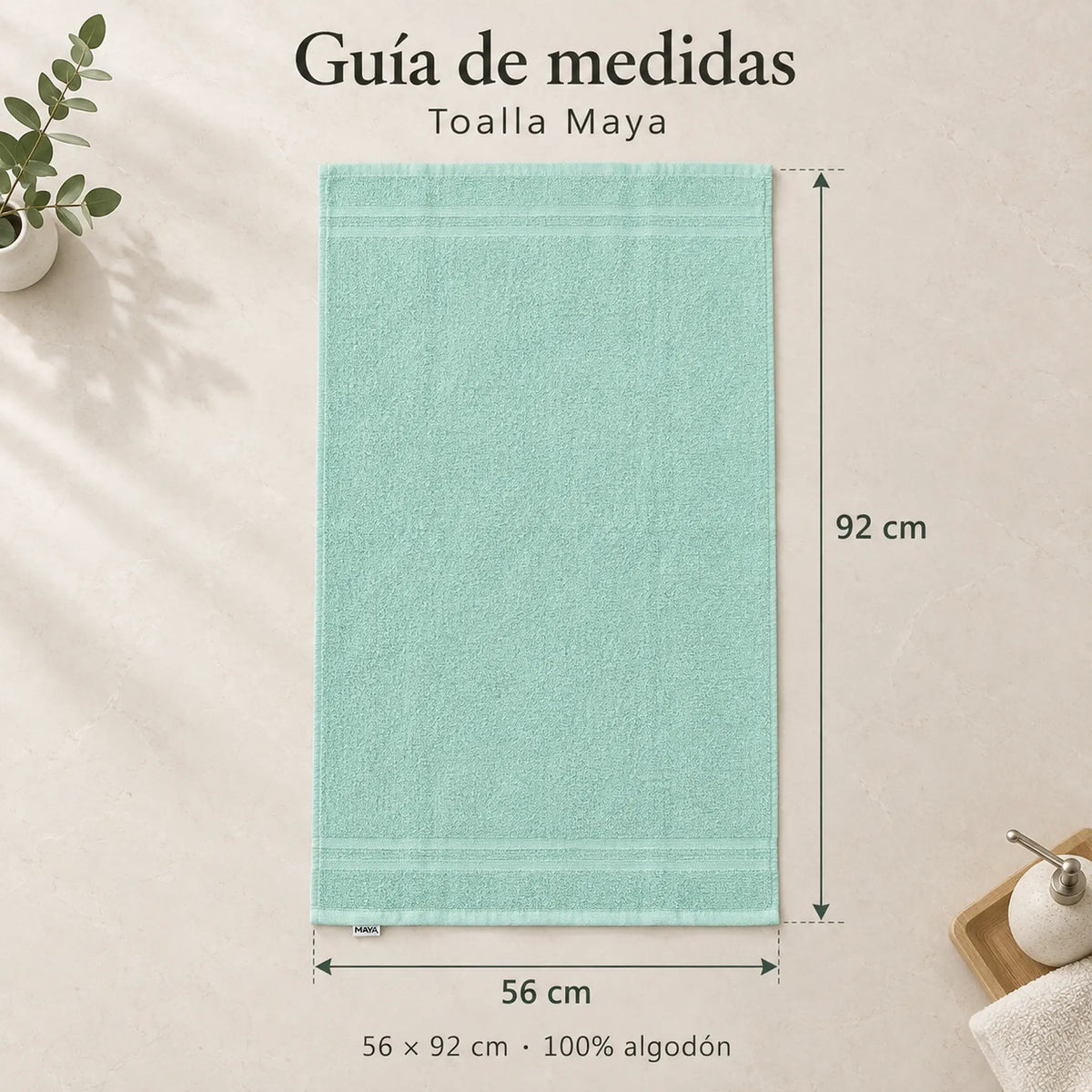 Pack de 12 Toallas Maya, variante Surtido Pastel, toalla color verde menta, guía de medidas