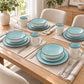 Mesa montada con la vajilla Lotus color Celeste para 4 personas
