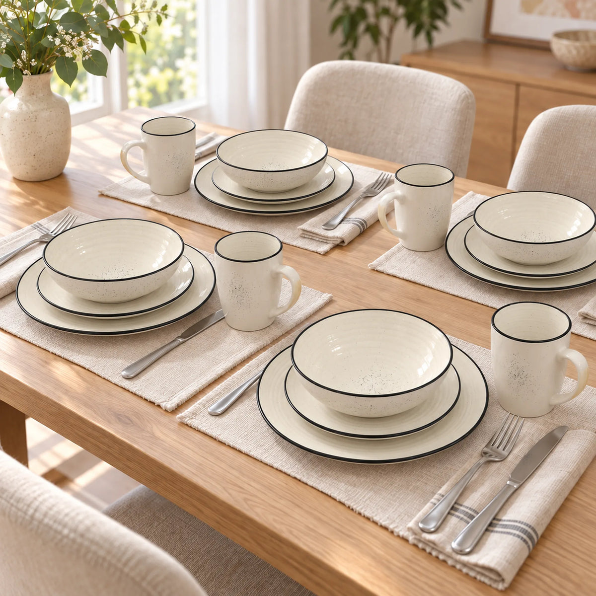 Mesa montada con la vajilla Lotus color Crema para 4 personas