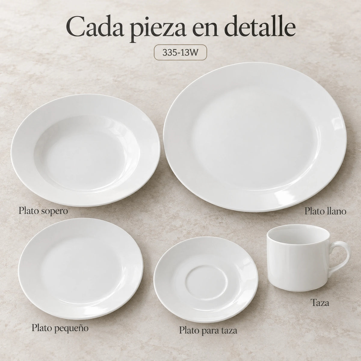 Piezas individuales de la vajilla de porcelana Lotus, diseño Blanco Clásico