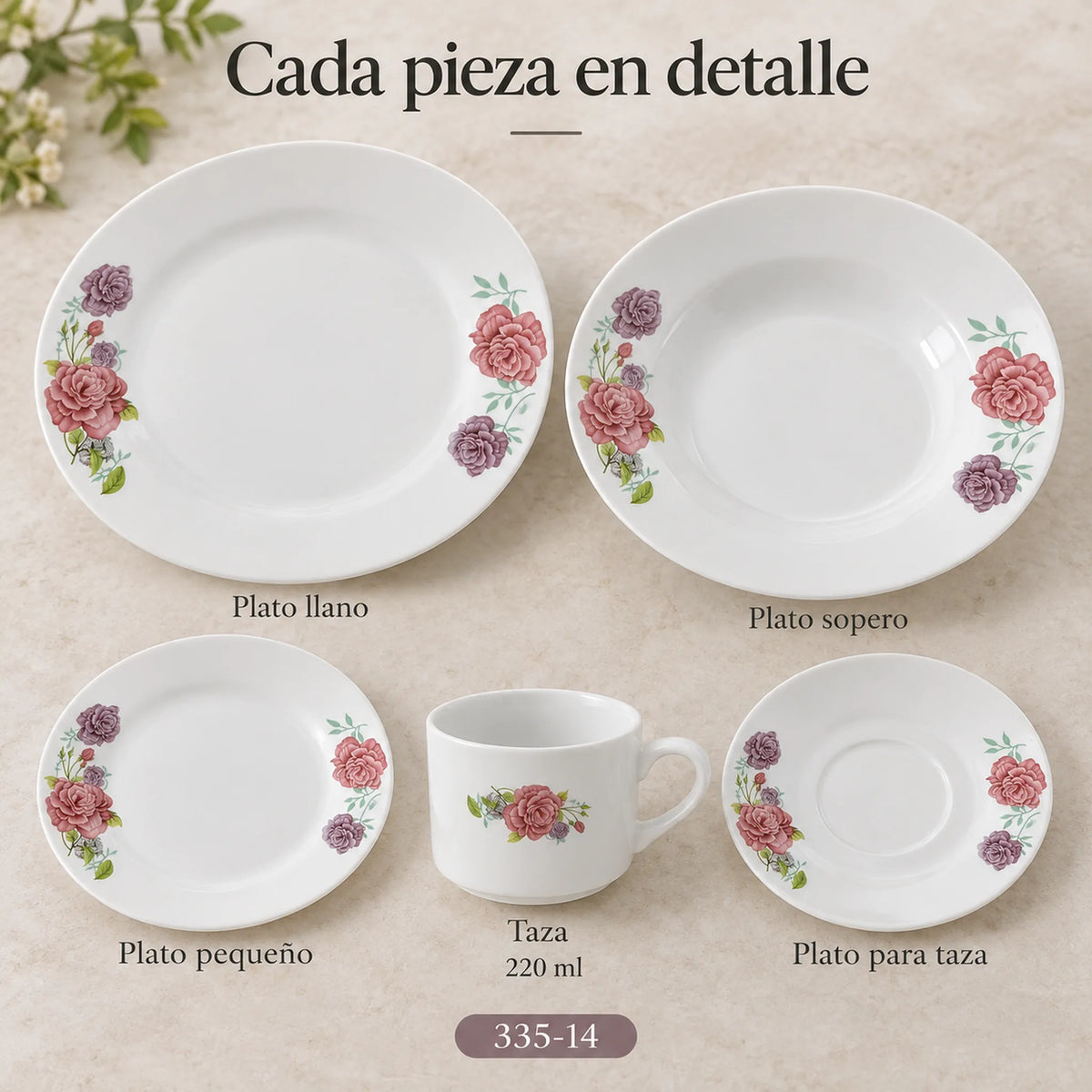 Piezas individuales de la vajilla de porcelana Lotus, diseño Peonías Románticas