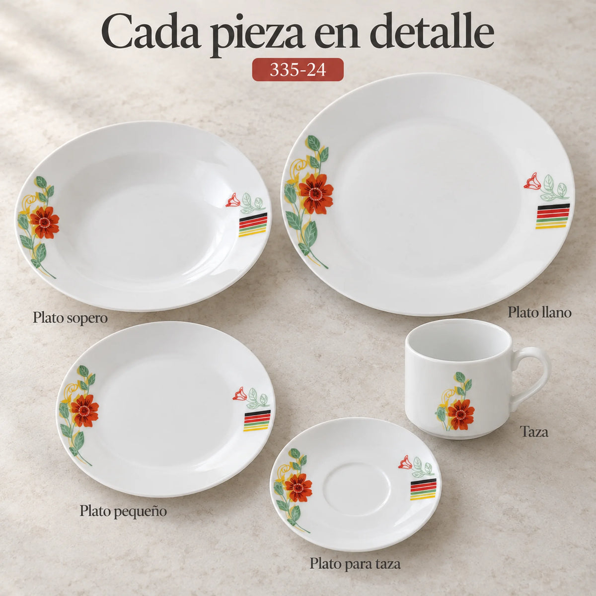 Piezas individuales de la vajilla de porcelana Lotus, diseño Tulipán Lineal
