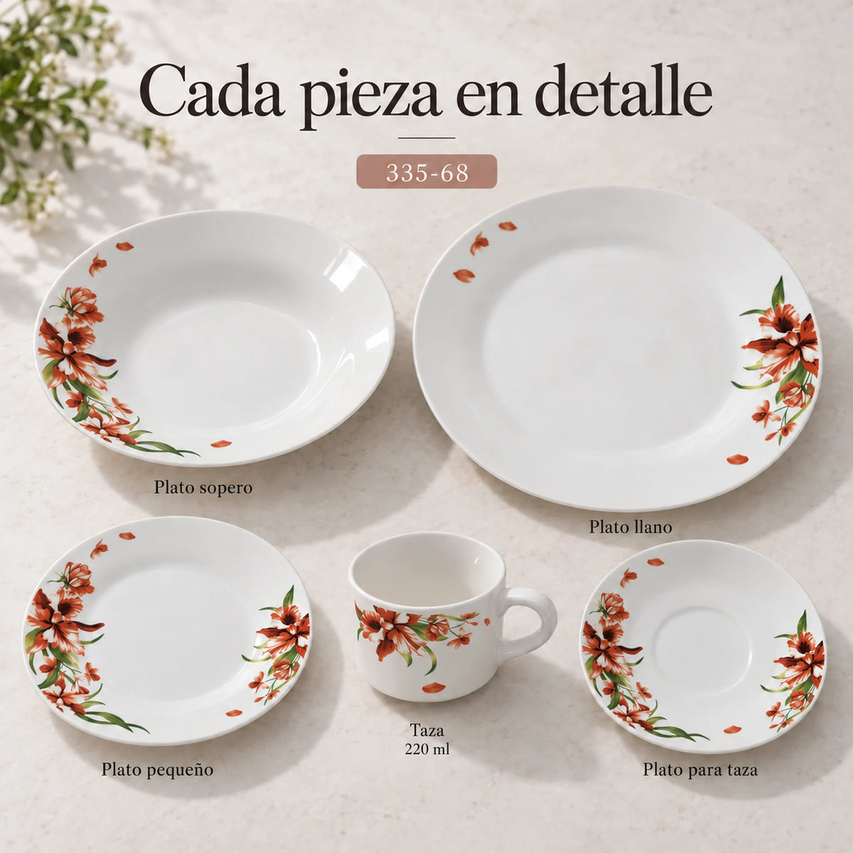 Piezas individuales de la vajilla de porcelana Lotus, diseño Lirio Coral