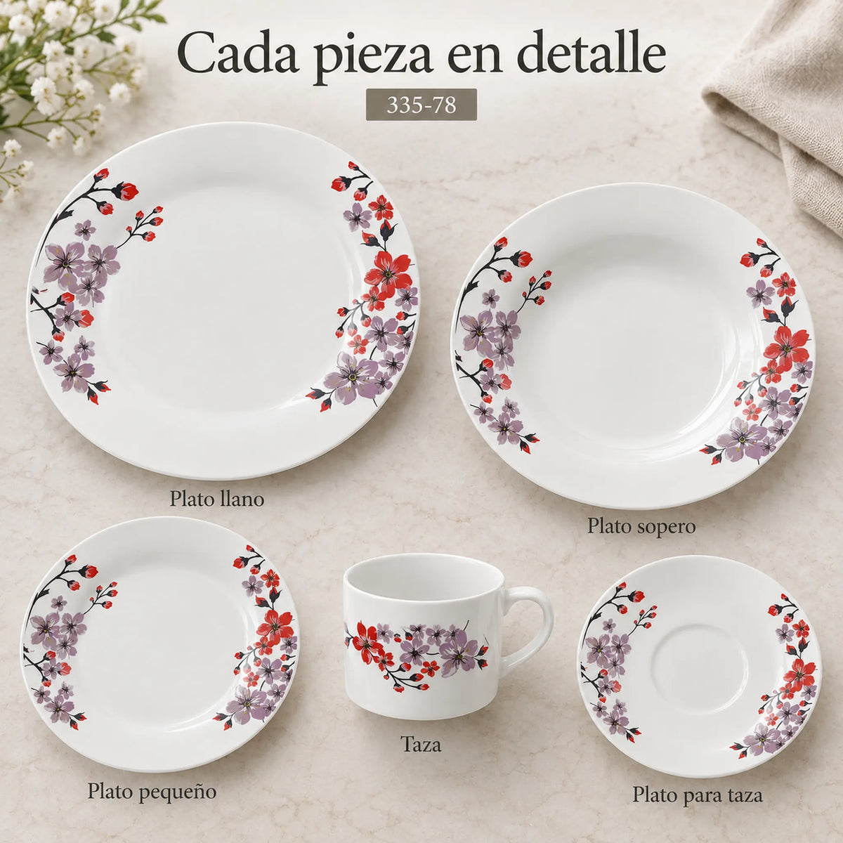 Piezas individuales de la vajilla de porcelana Lotus, diseño Flor de Cerezo