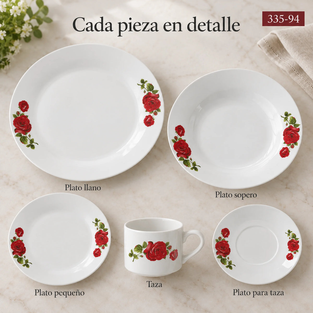 Piezas individuales de la vajilla de porcelana Lotus, diseño Rosa Imperial