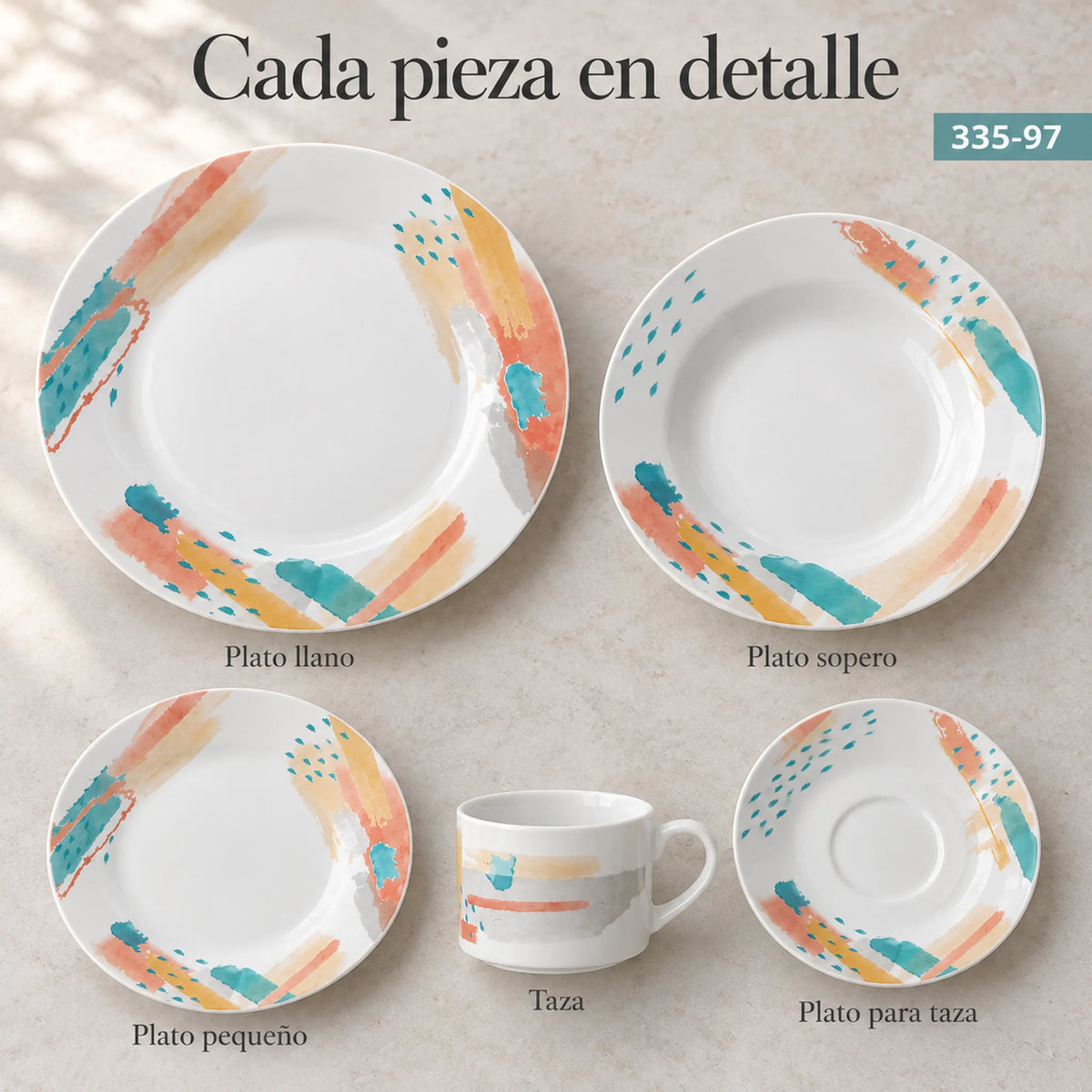 Piezas individuales de la vajilla de porcelana Lotus, diseño Acuarela Coral