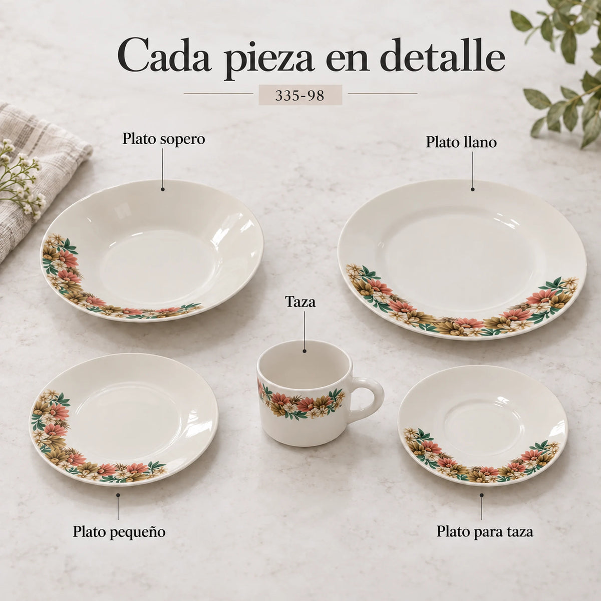 Piezas individuales de la vajilla de porcelana Lotus, diseño Jardín Toscana