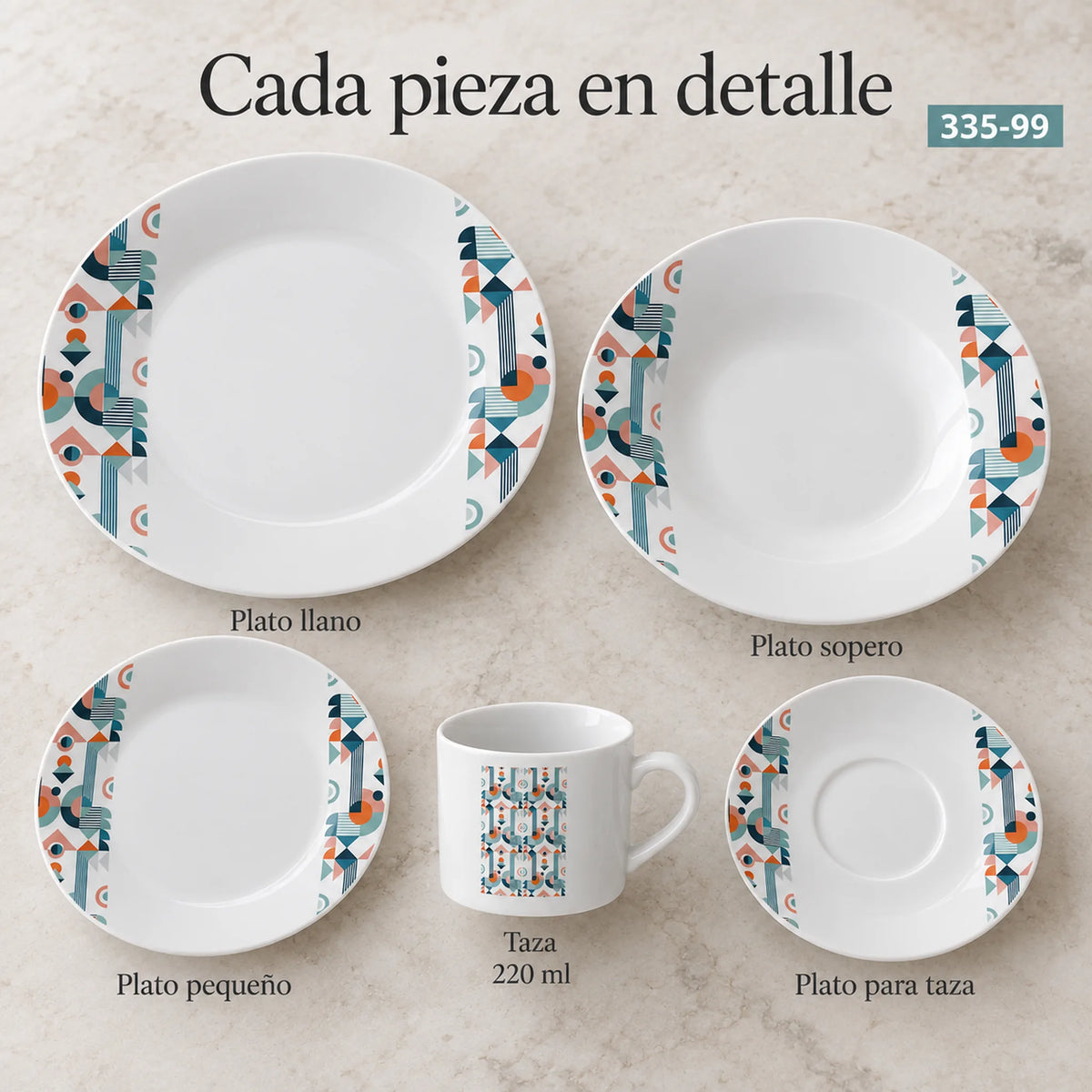 Piezas individuales de la vajilla de porcelana Lotus, diseño Mosaico Nórdico