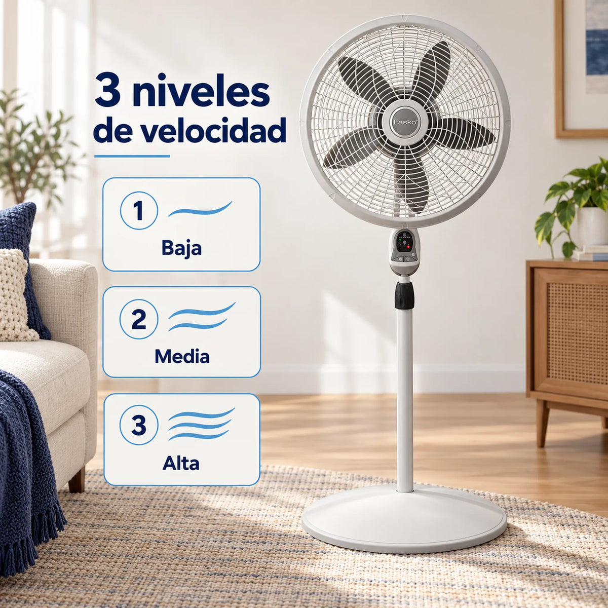 Ventilador de pedestal Lasko 18 pulgadas con control remoto – 3 niveles de velocidad