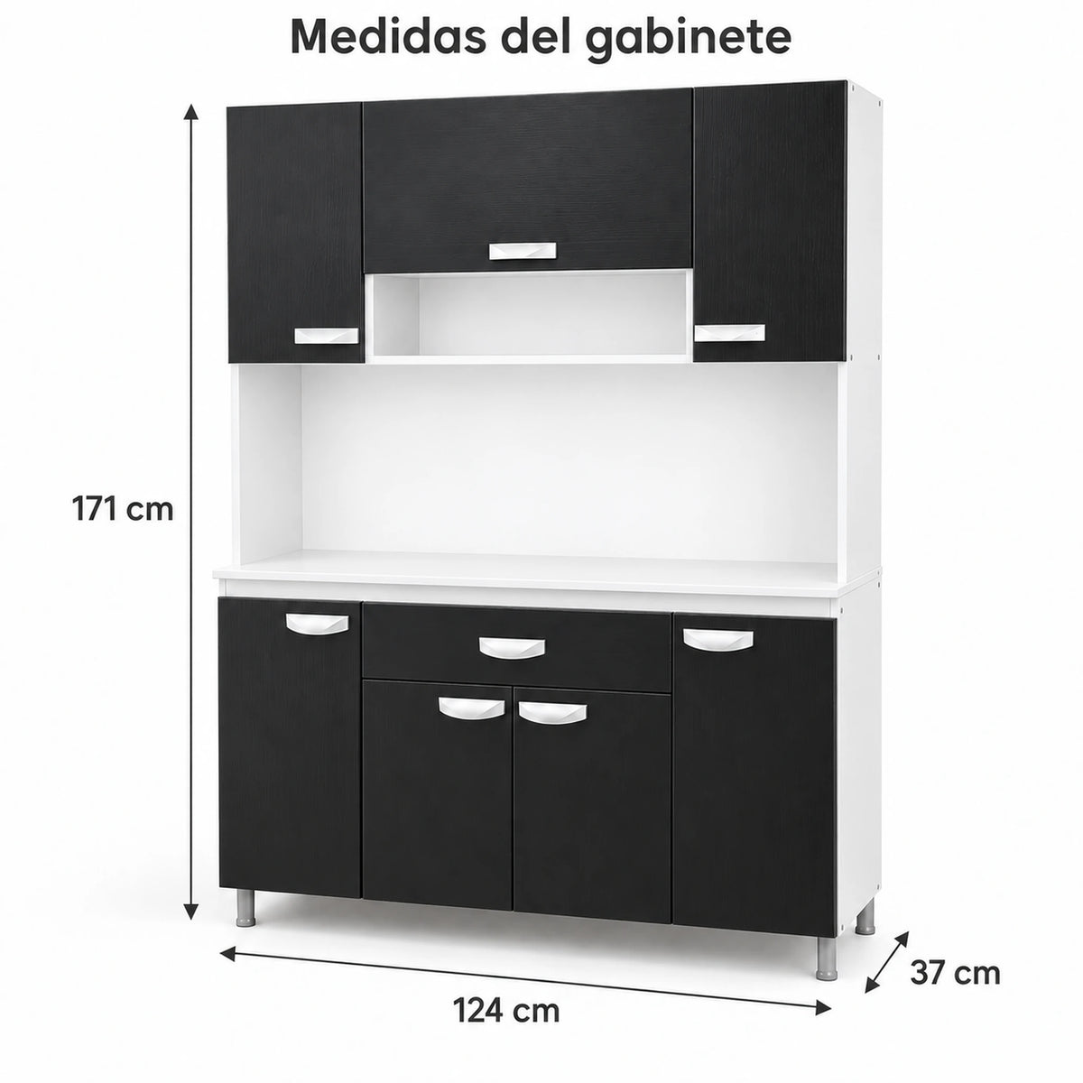 Alacena de cocina 7 puertas y 1 gaveta color Negro/Blanco – medidas: 171 cm de alto, 124 cm de ancho y 37 cm de profundidad