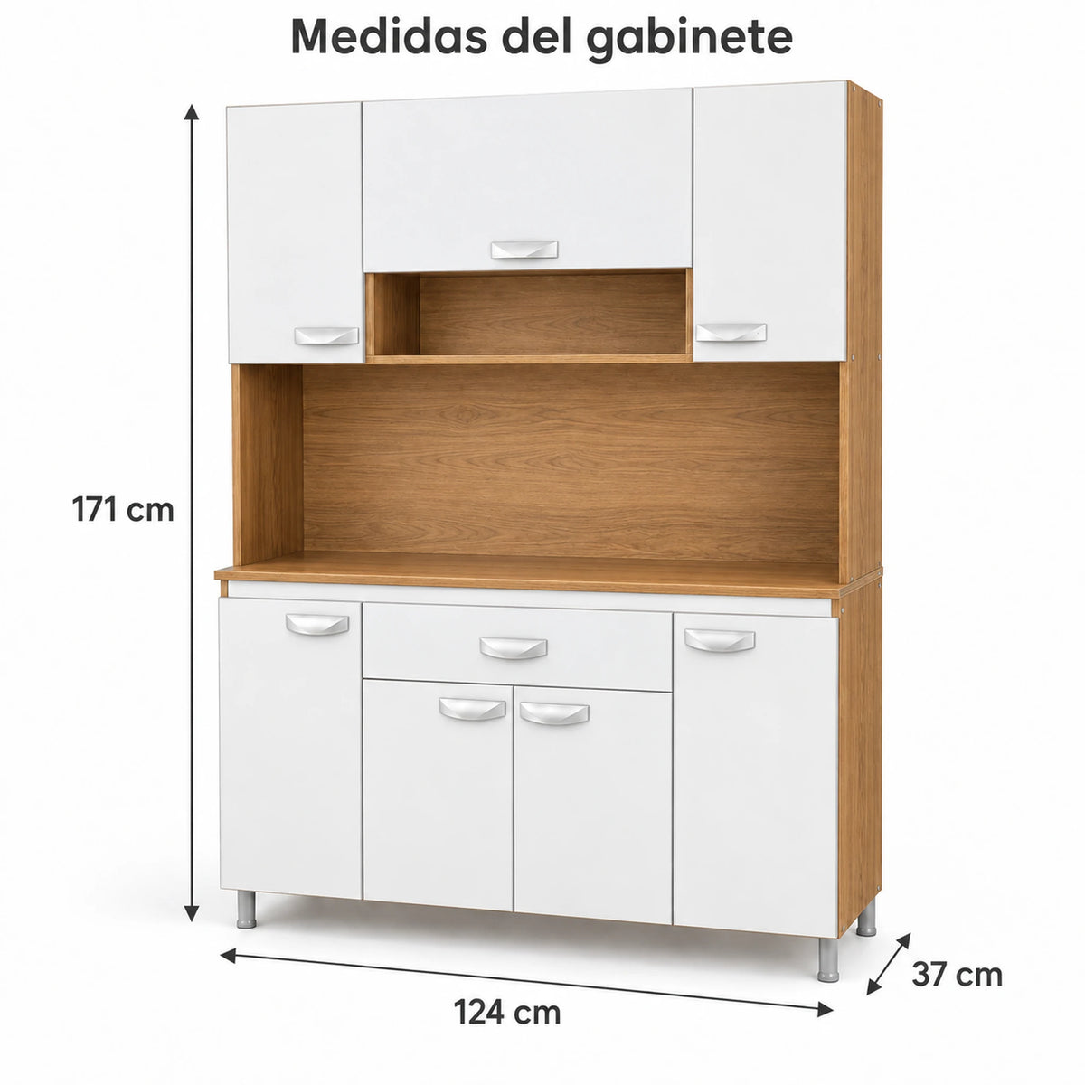 Alacena de cocina 7 puertas y 1 gaveta color Blanco/Roble Miel – medidas: 171 cm de alto, 124 cm de ancho y 37 cm de profundidad