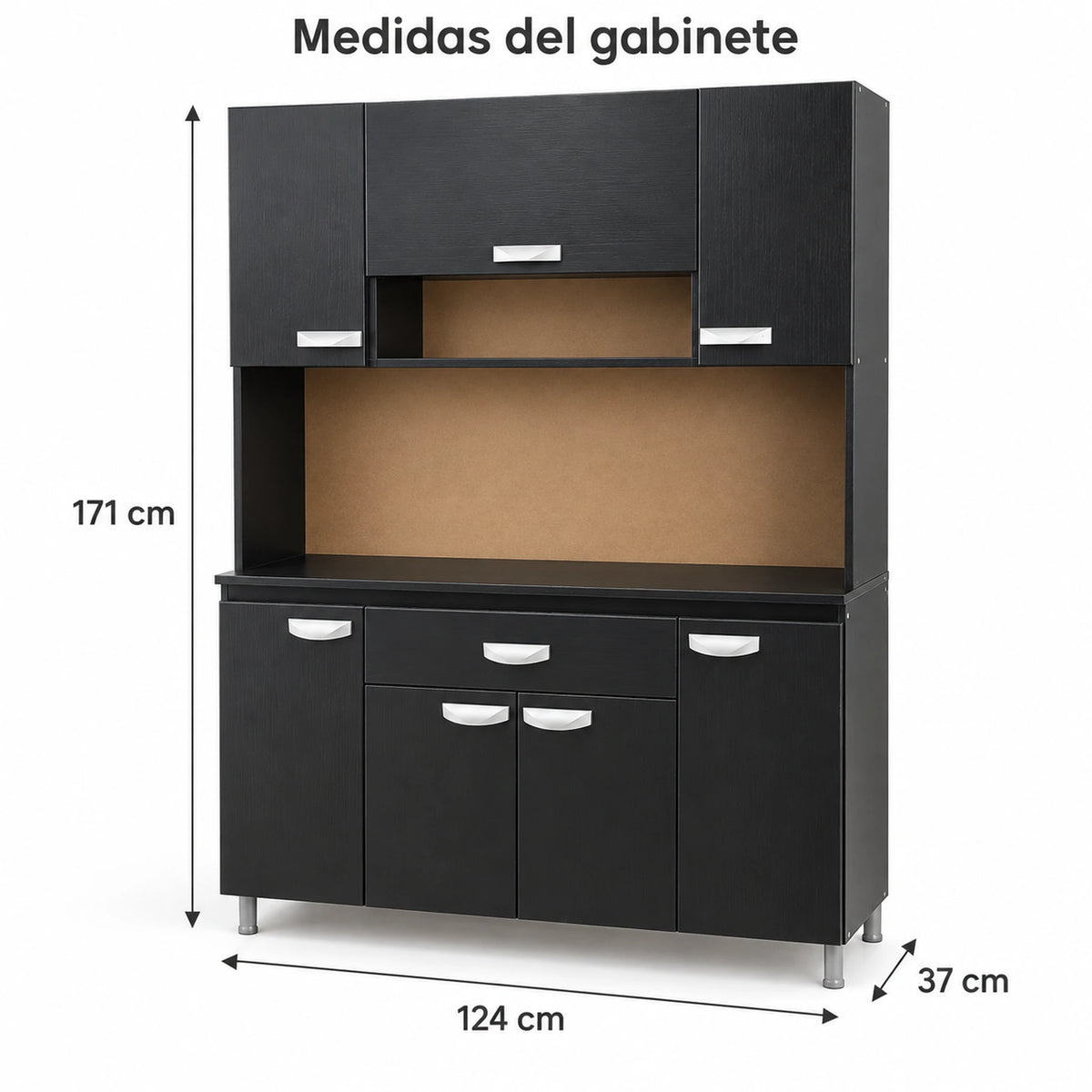 Alacena de cocina 7 puertas y 1 gaveta color Negro/Wengué – medidas: 171 cm de alto, 124 cm de ancho y 37 cm de profundidad
