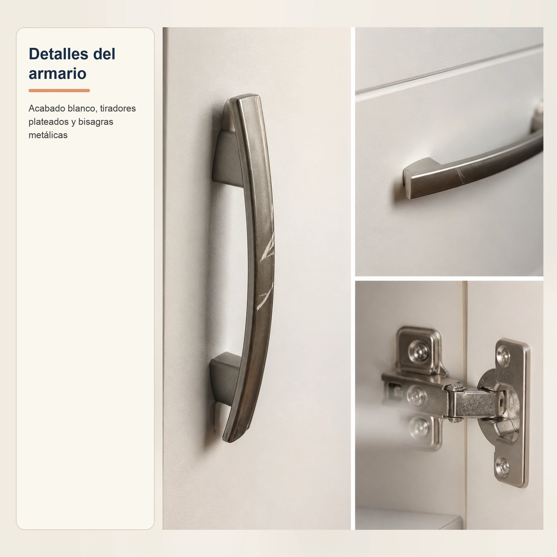Detalle de tiradores y bisagras del armario Treviso blanco