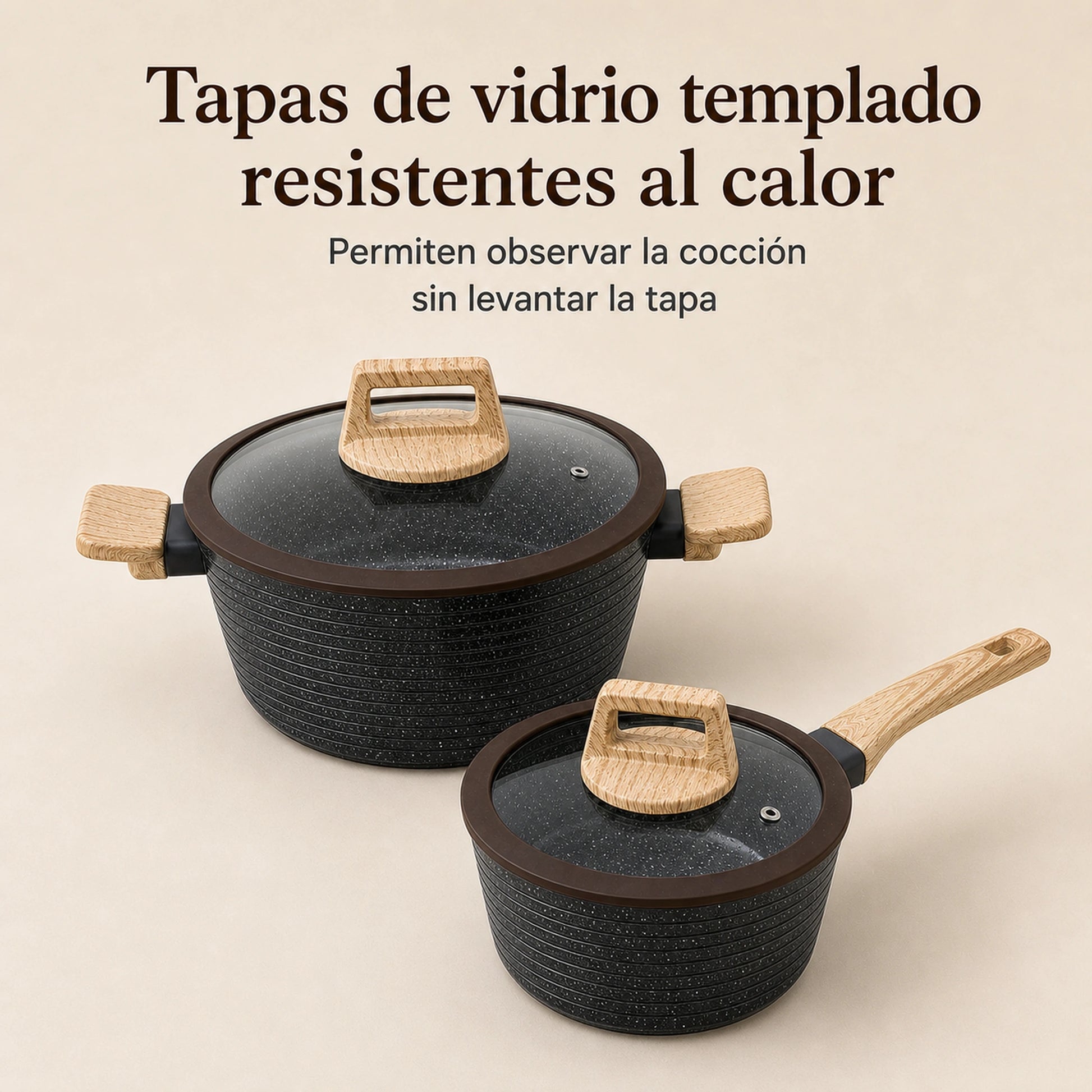 Tapas de vidrio templado de la cacerola y la olla de la batería de cocina Negro