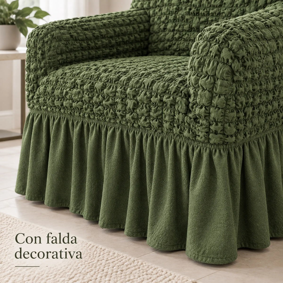 Set de cobertores Versalles color Verde Oliva, detalle de la falda decorativa fruncida