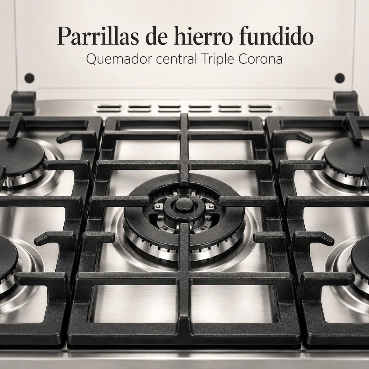 Cocina a Gas Indurama Turín Zafiro, detalle de las parrillas de hierro fundido y quemador Triple Corona