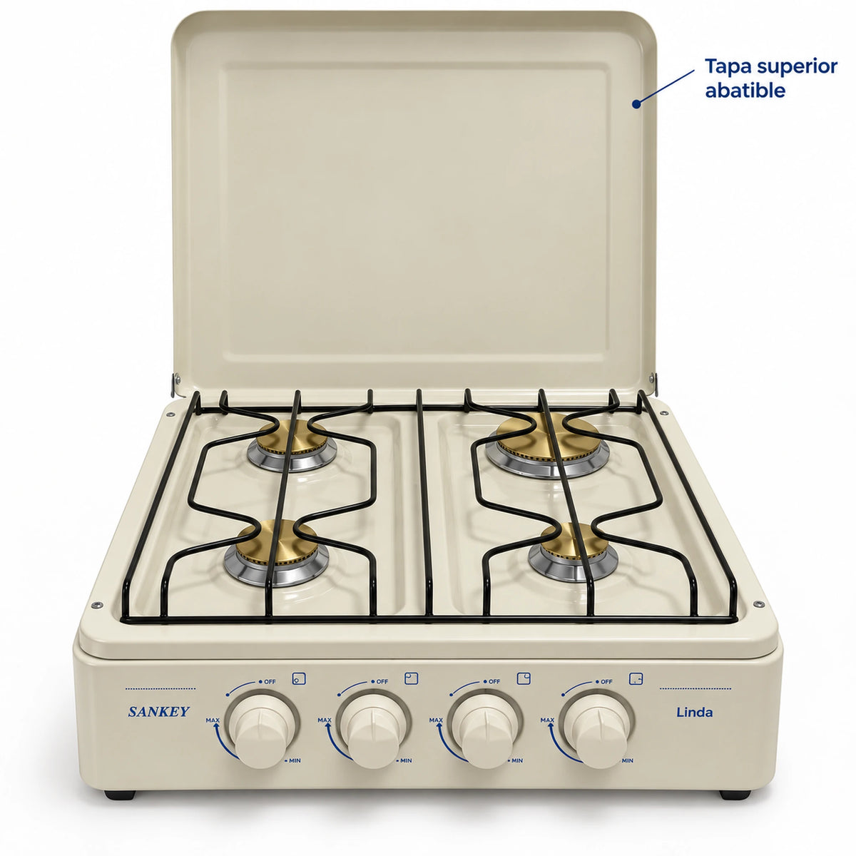 Cocina a gas Sankey Linda con su tapa superior abatible abierta para proteger los quemadores