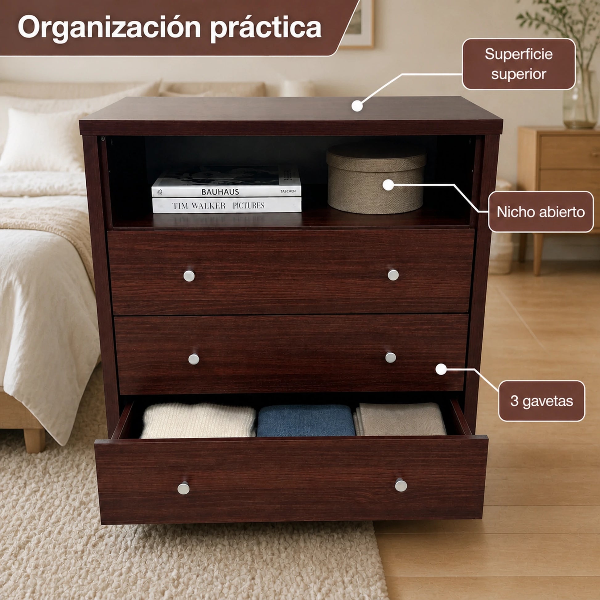Diagrama de organización de la cómoda en caoba: superficie superior, nicho abierto y 3 gavetas