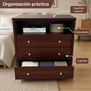Diagrama de organización de la cómoda en caoba: superficie superior, nicho abierto y 3 gavetas