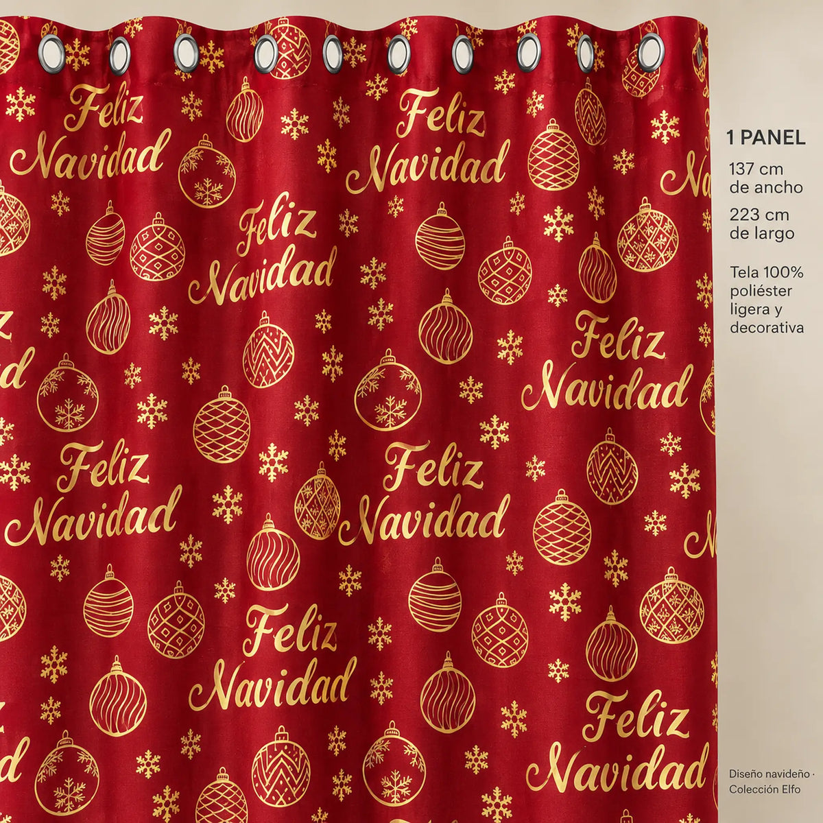 Cortina navideña Pasión Guajira Elfo roja con letras Feliz Navidad doradas – detalle del diseño