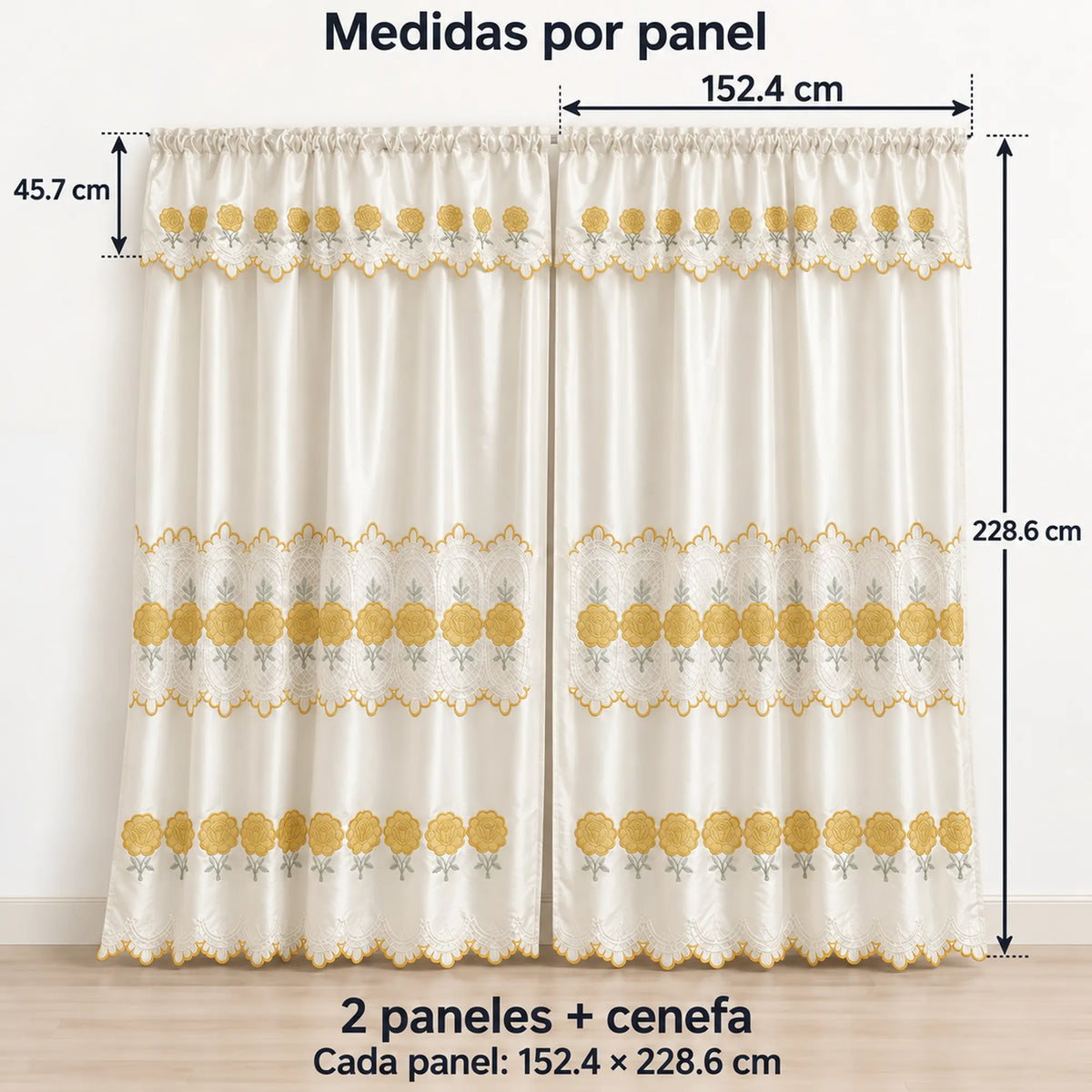 Par de cortinas bordadas satinadas con cenefa, fondo cream con bordado dorado – medidas: cada panel 152.4 x 228.6 cm, cenefa de 45.7 cm