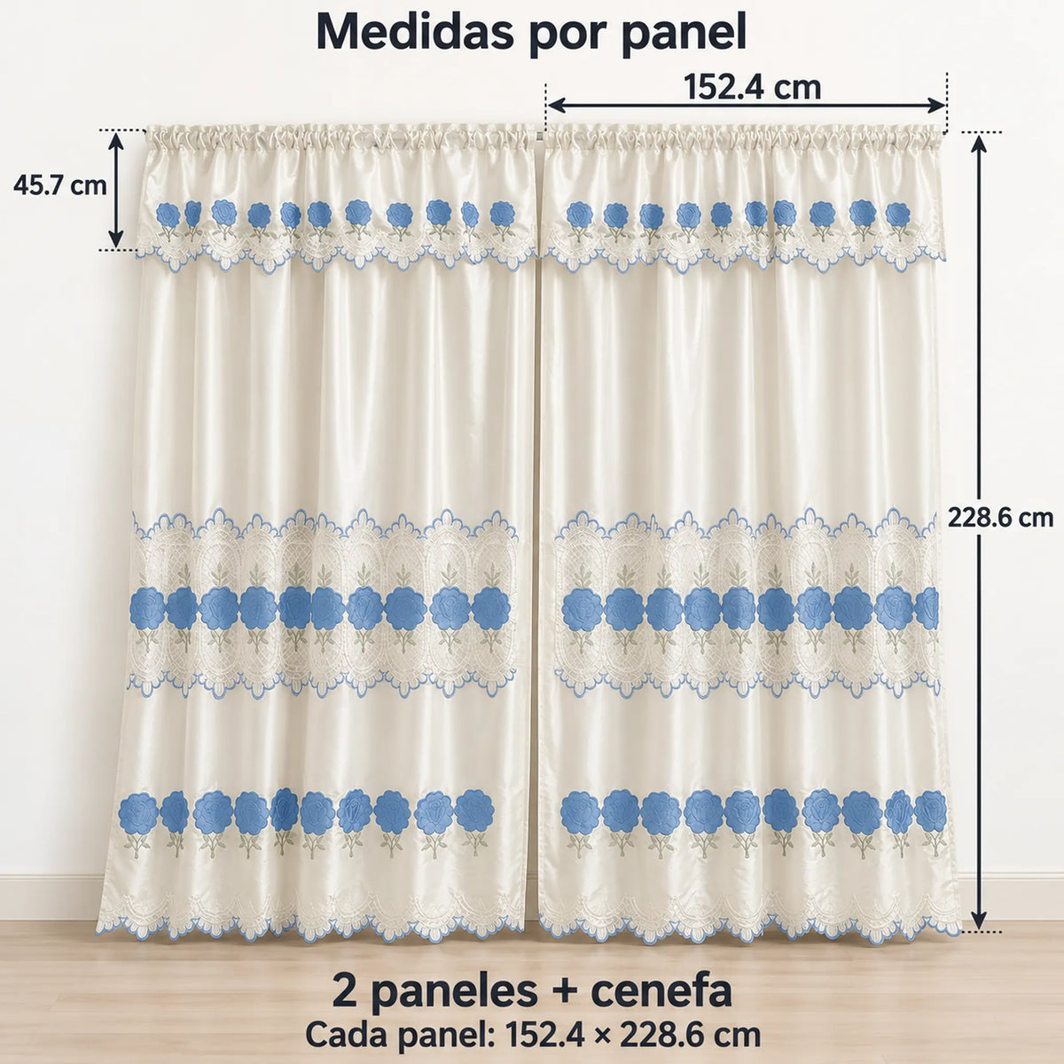 Par de cortinas bordadas satinadas con cenefa, fondo cream con bordado azul cielo – medidas: cada panel 152.4 x 228.6 cm, cenefa de 45.7 cm