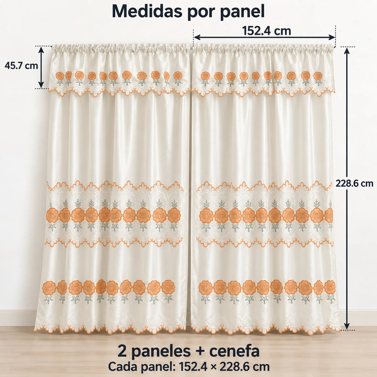 Par de cortinas bordadas satinadas con cenefa, fondo cream con bordado naranja coral – medidas: cada panel 152.4 x 228.6 cm, cenefa de 45.7 cm