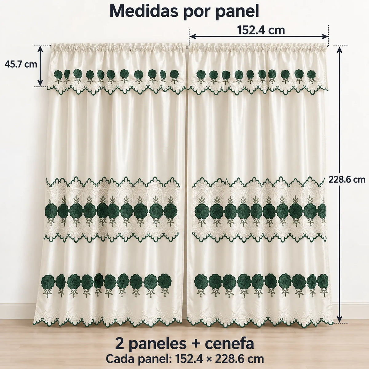 Par de cortinas bordadas satinadas con cenefa, fondo cream con bordado verde esmeralda – medidas: cada panel 152.4 x 228.6 cm, cenefa de 45.7 cm