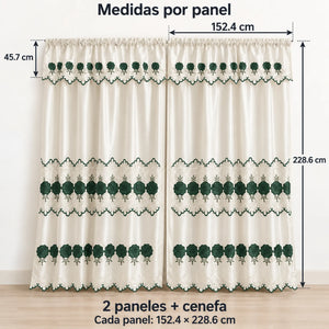Par de cortinas bordadas satinadas con cenefa, fondo cream con bordado verde esmeralda – medidas: cada panel 152.4 x 228.6 cm, cenefa de 45.7 cm