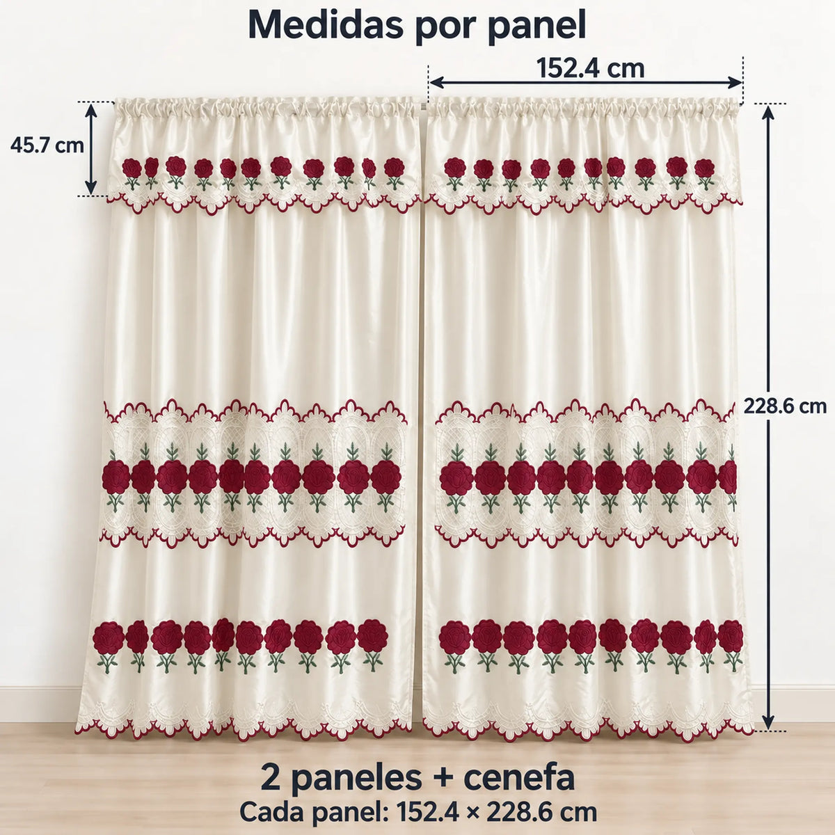 Par de cortinas bordadas satinadas con cenefa, fondo cream con bordado rojo vino – medidas: cada panel 152.4 x 228.6 cm, cenefa de 45.7 cm