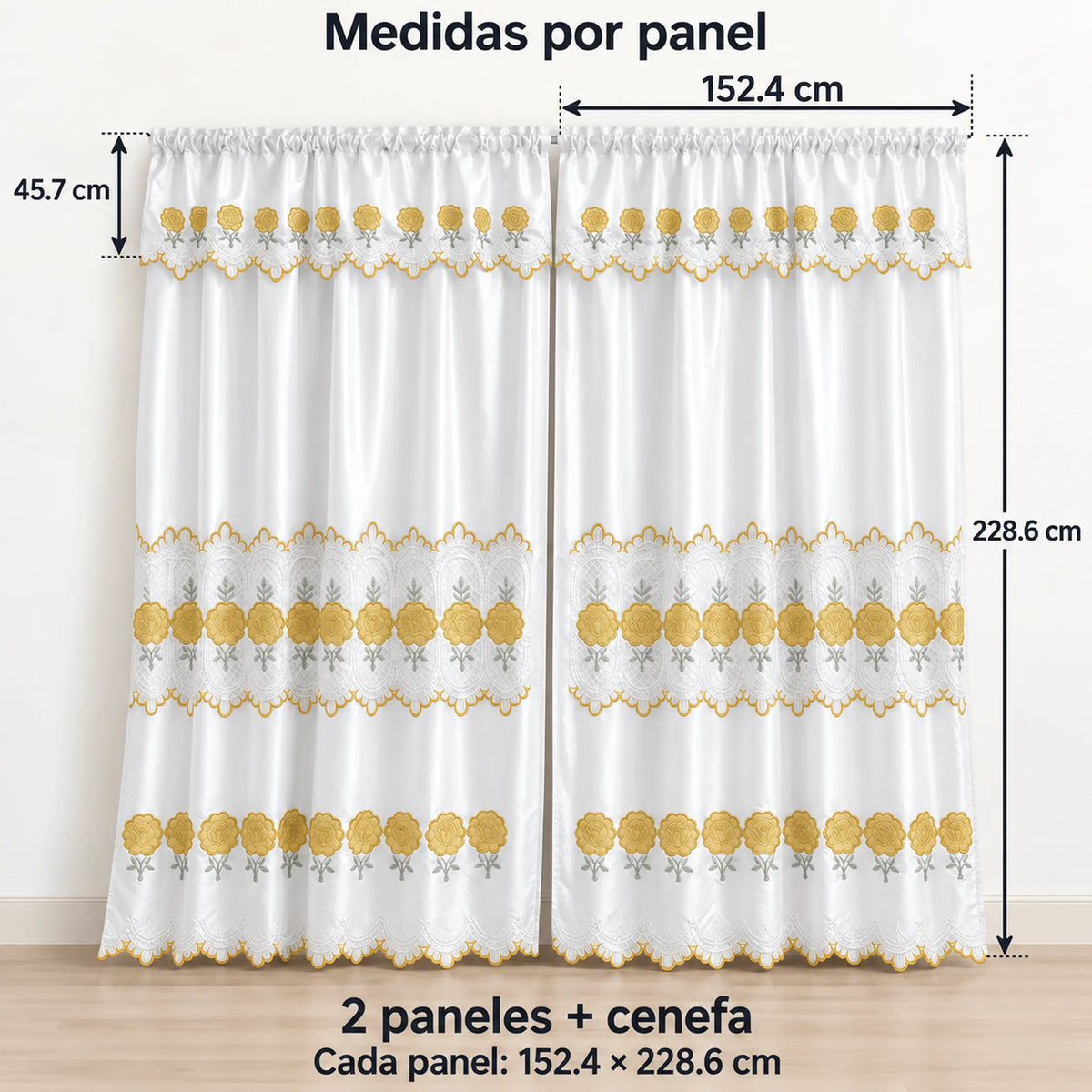 Par de cortinas blancas bordadas satinadas con cenefa, bordado dorado – medidas: cada panel 152.4 x 228.6 cm, cenefa de 45.7 cm