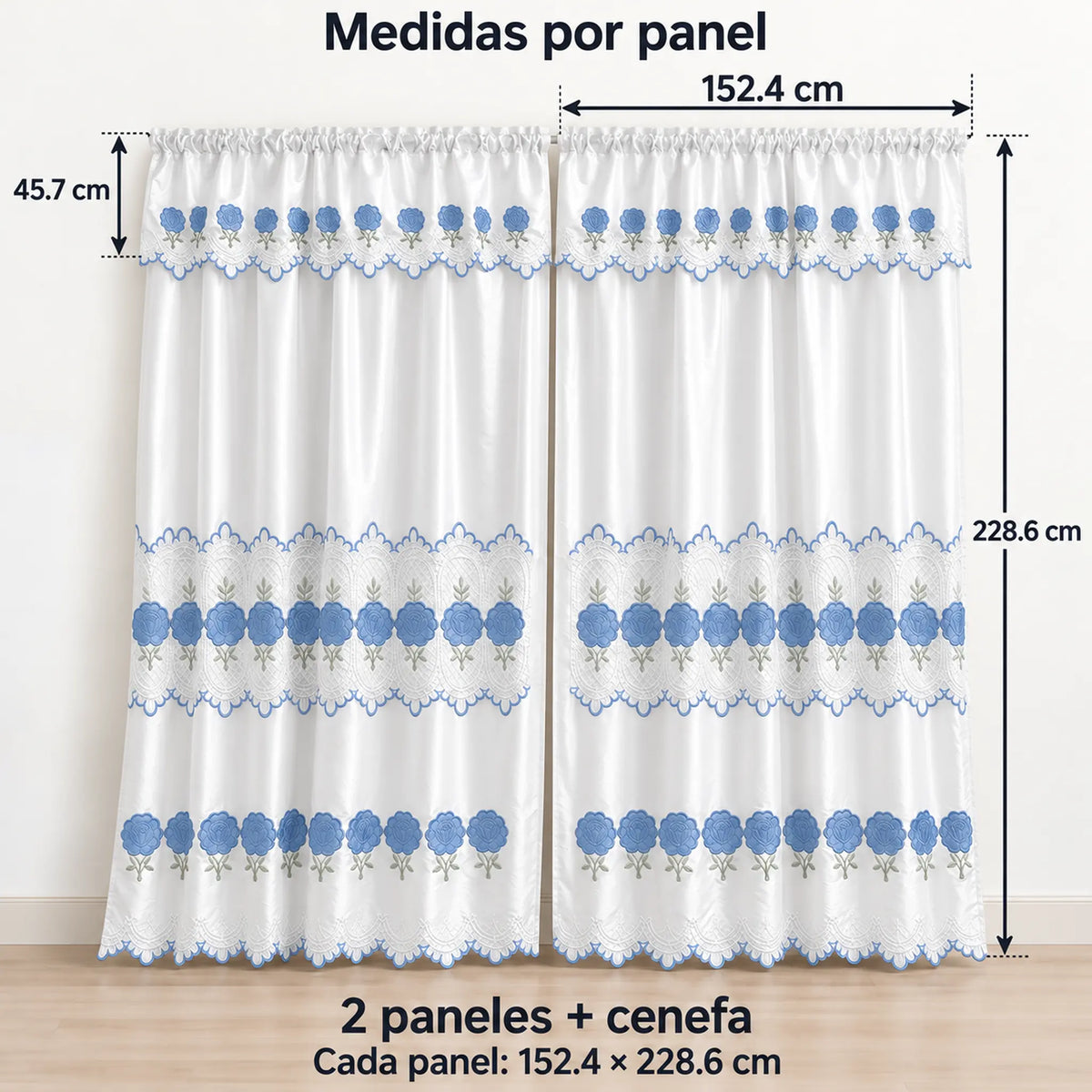 Par de cortinas blancas bordadas satinadas con cenefa, bordado azul cielo – medidas: cada panel 152.4 x 228.6 cm, cenefa de 45.7 cm