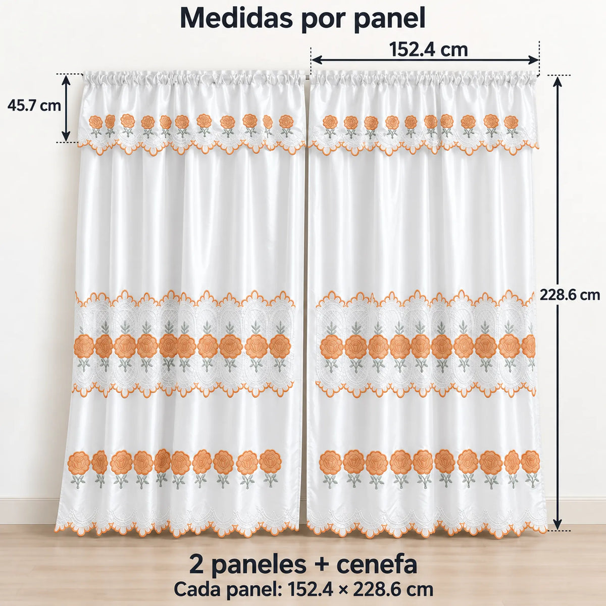 Par de cortinas blancas bordadas satinadas con cenefa, bordado naranja coral – medidas: cada panel 152.4 x 228.6 cm, cenefa de 45.7 cm