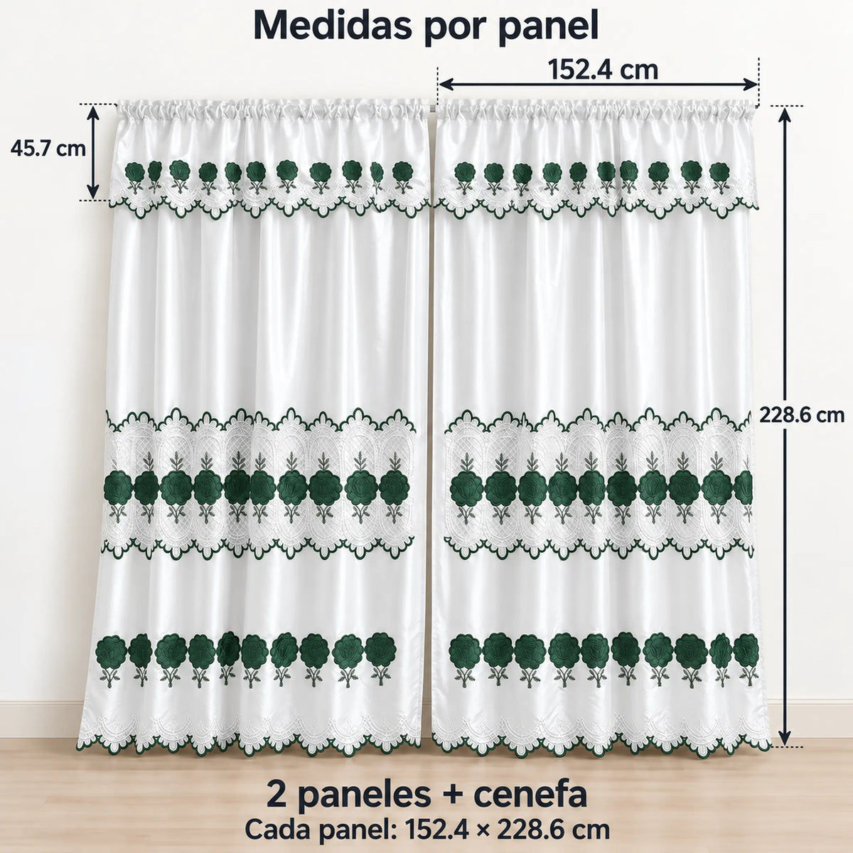 Par de cortinas blancas bordadas satinadas con cenefa, bordado verde esmeralda – medidas: cada panel 152.4 x 228.6 cm, cenefa de 45.7 cm