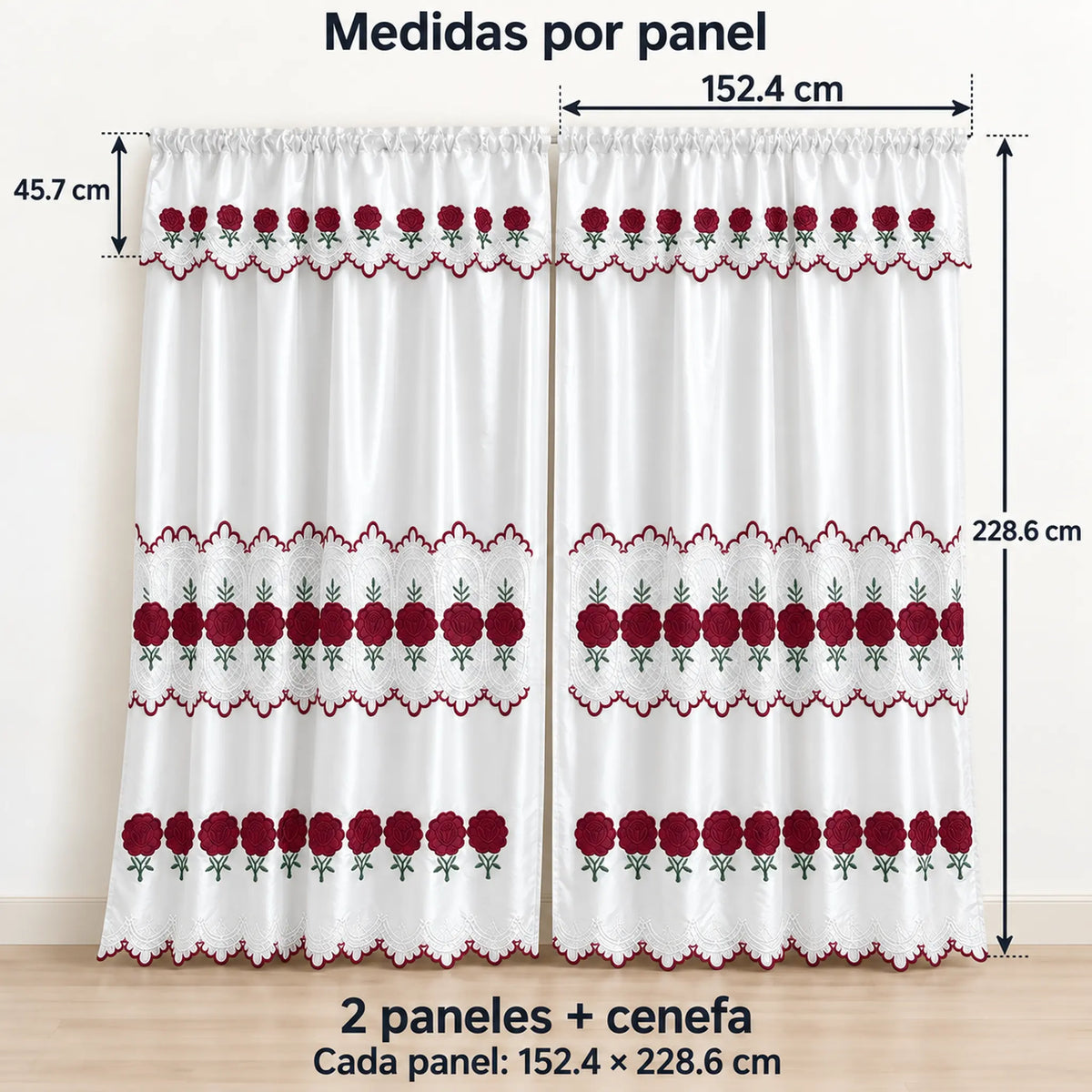Par de cortinas blancas bordadas satinadas con cenefa, bordado rojo vino – medidas: cada panel 152.4 x 228.6 cm, cenefa de 45.7 cm