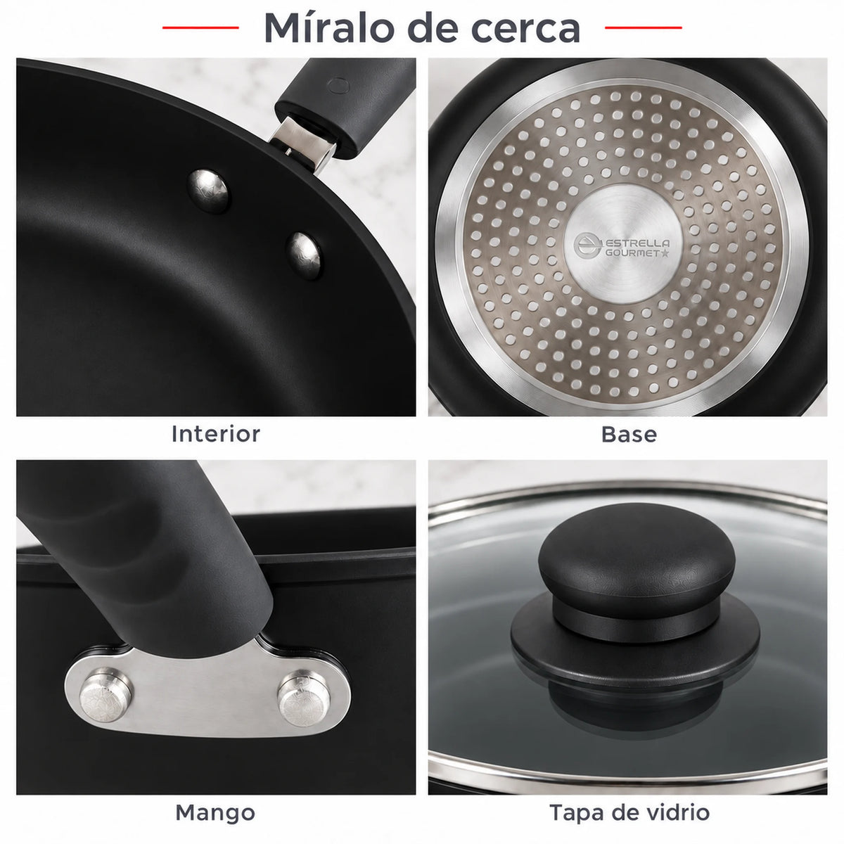 Detalle del interior, base, mango y tapa del sartén Estrella Gourmet