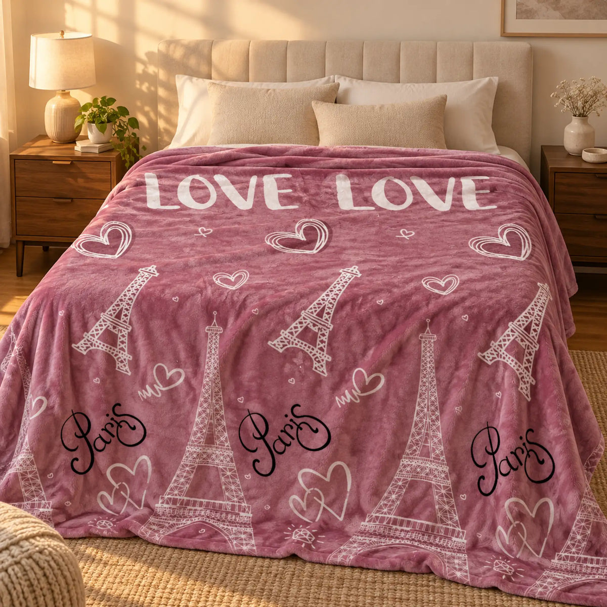Frazada estampada afelpada 200 x 240 cm, diseño París Rosa – en un ambiente cálido