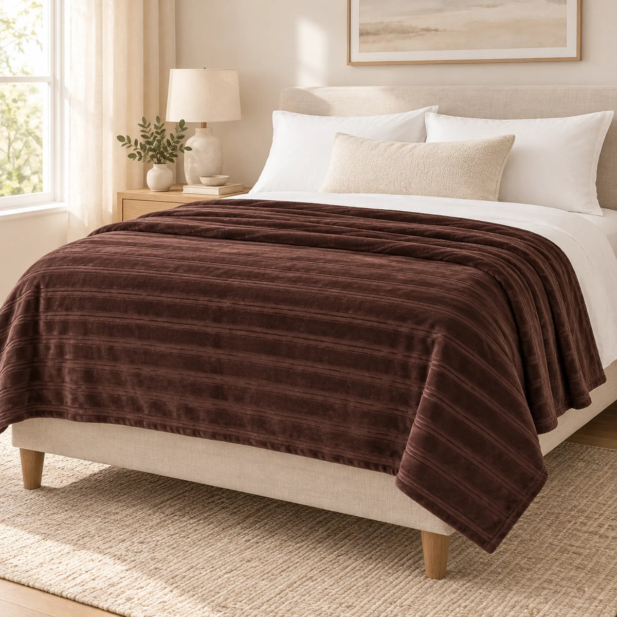 Frazada full chocolate de 180 x 220 cm con rayas en relieve – momento de descanso