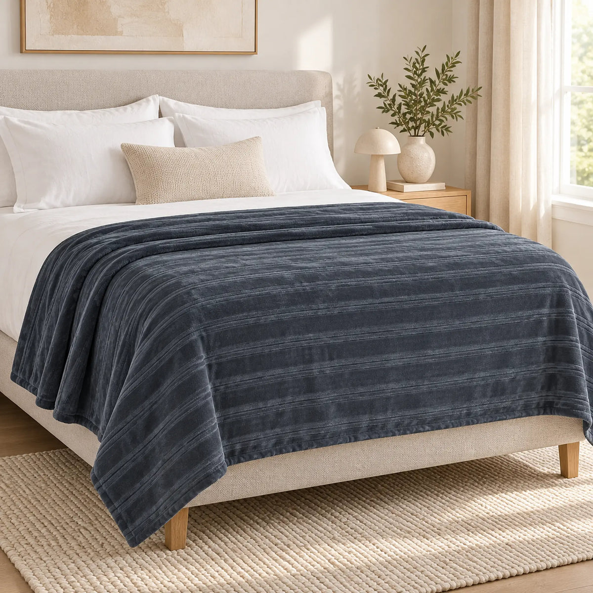 Frazada full gris de 180 x 220 cm con rayas en relieve – momento de descanso
