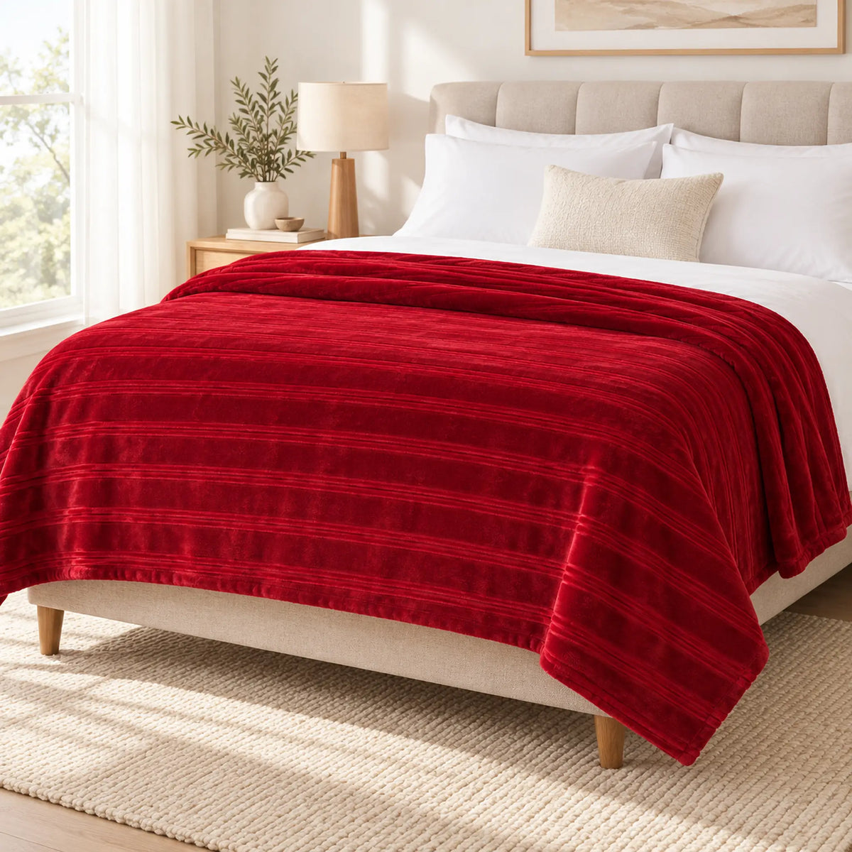 Frazada full roja de 180 x 220 cm con rayas en relieve – momento de descanso