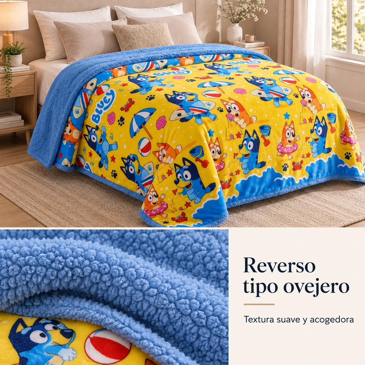 Frazada reversible piel de oveja, diseño Bluey, textura del lado tipo piel de oveja