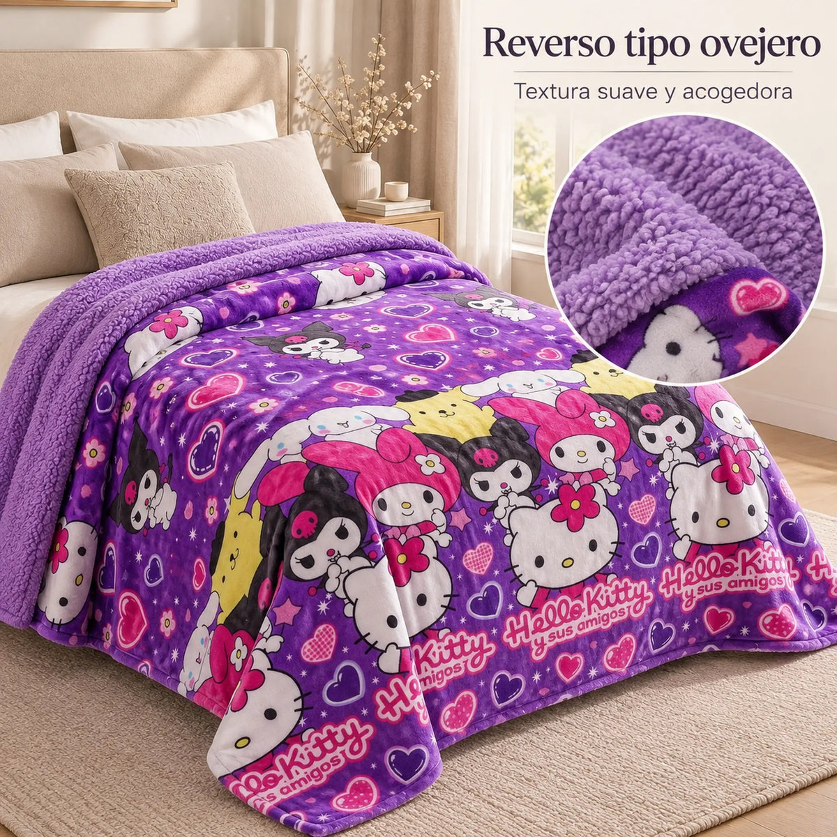 Frazada reversible piel de oveja, diseño Hello Kitty, textura del lado tipo piel de oveja