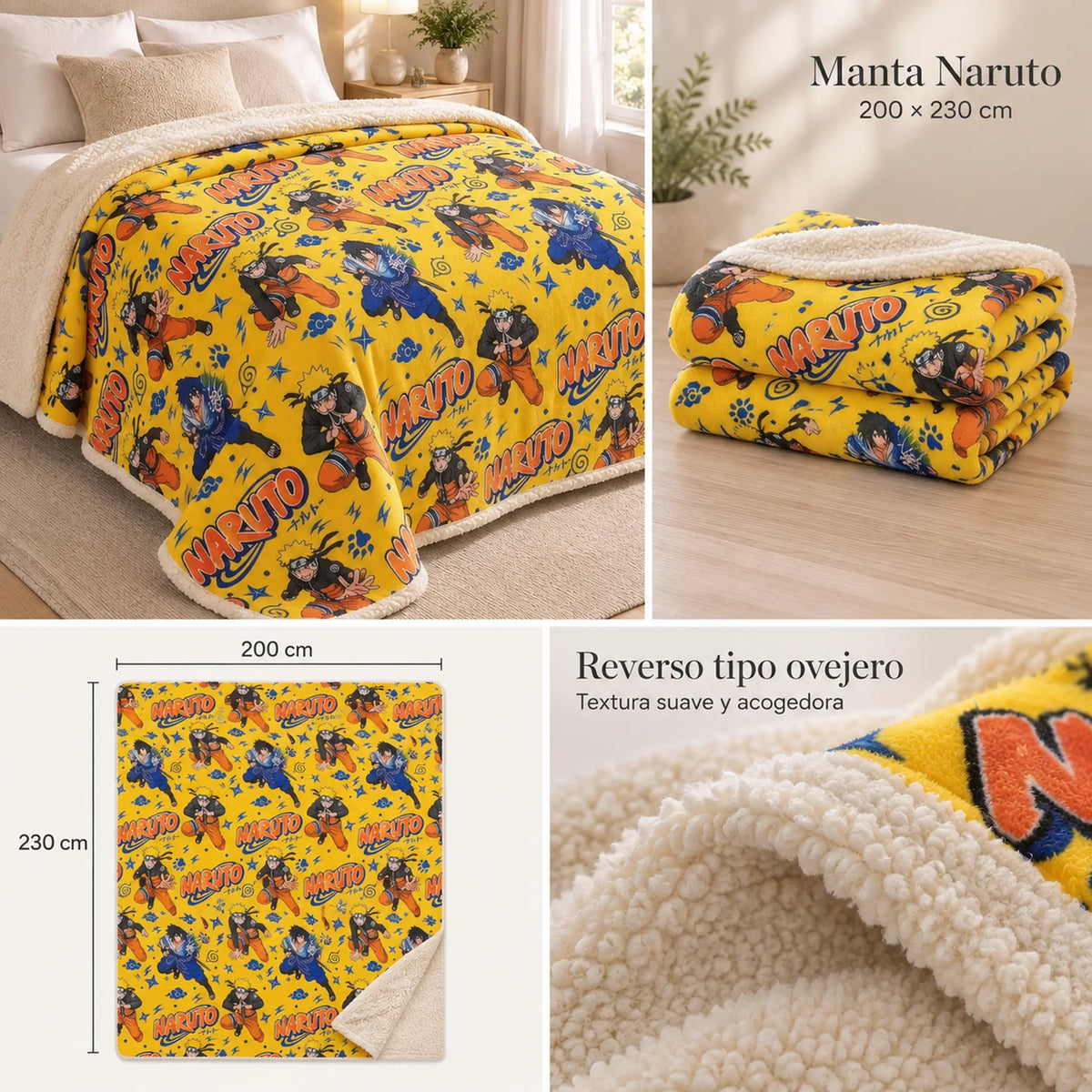 Frazada reversible piel de oveja, diseño Naruto, textura del lado tipo piel de oveja