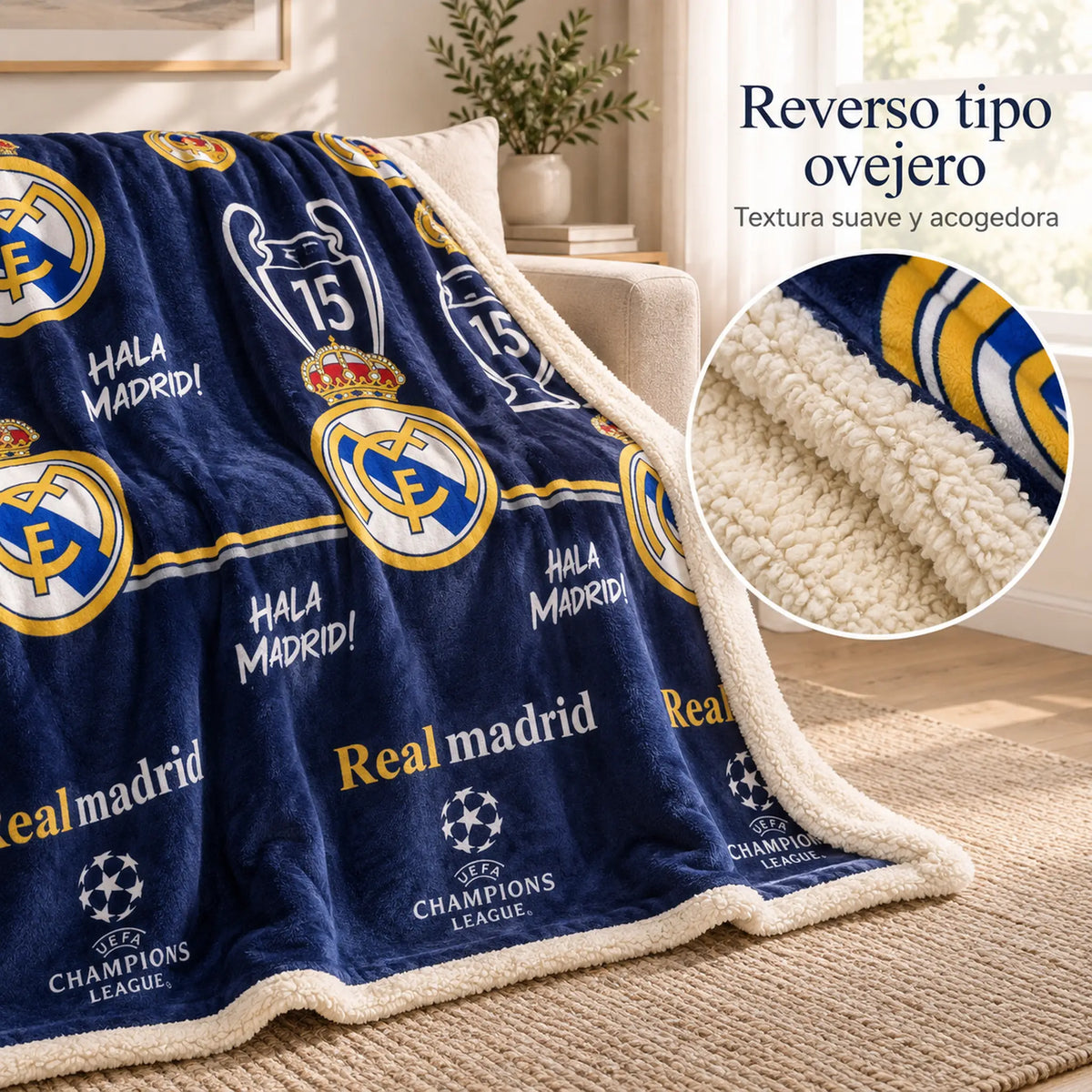 Frazada reversible piel de oveja, diseño Real Madrid, textura del lado tipo piel de oveja