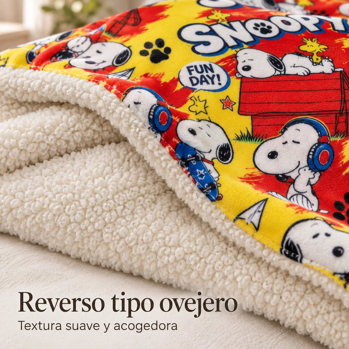 Frazada reversible piel de oveja, diseño Snoopy, textura del lado tipo piel de oveja