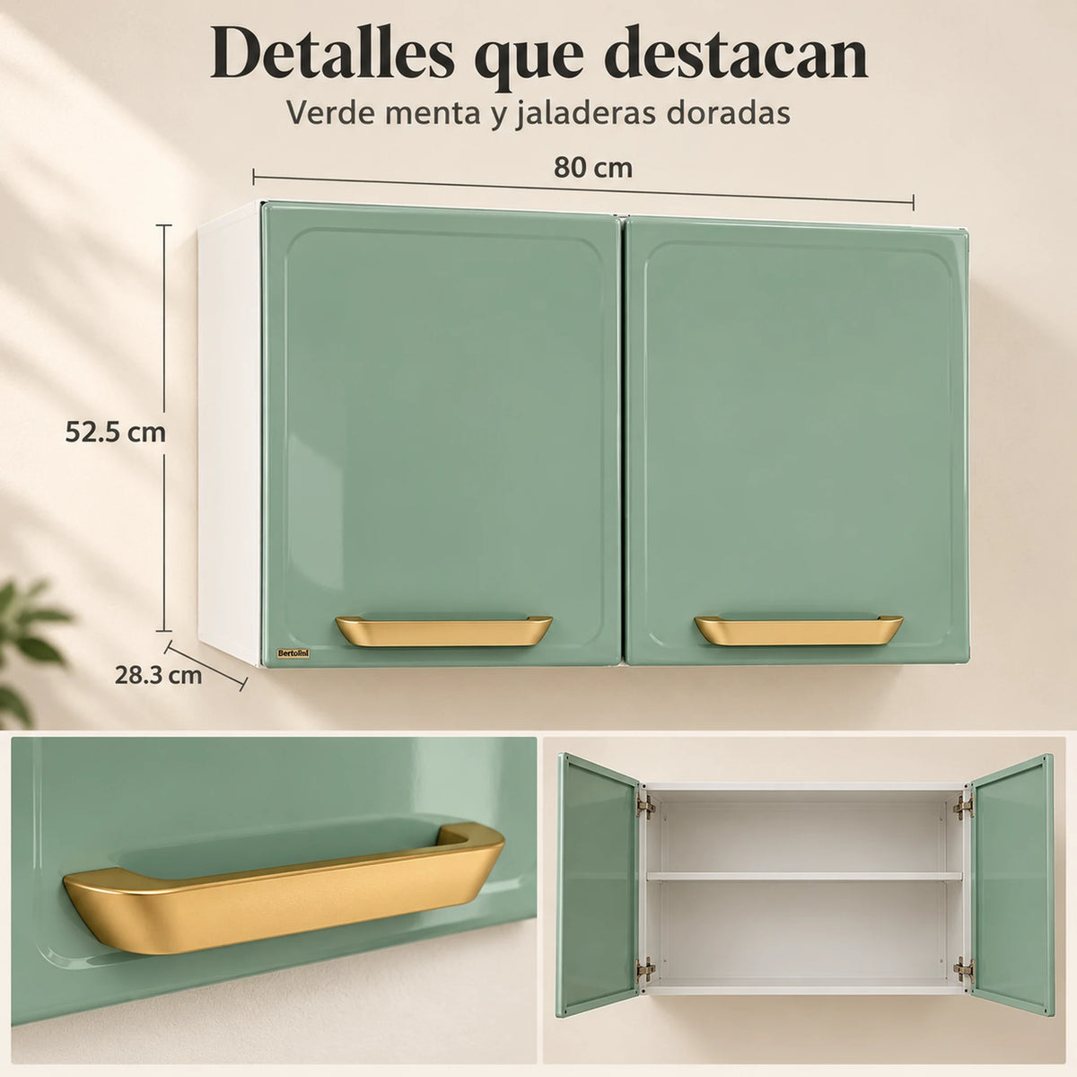 Detalle de la jaladera dorada sobre la puerta verde menta del gabinete aéreo Bertolini